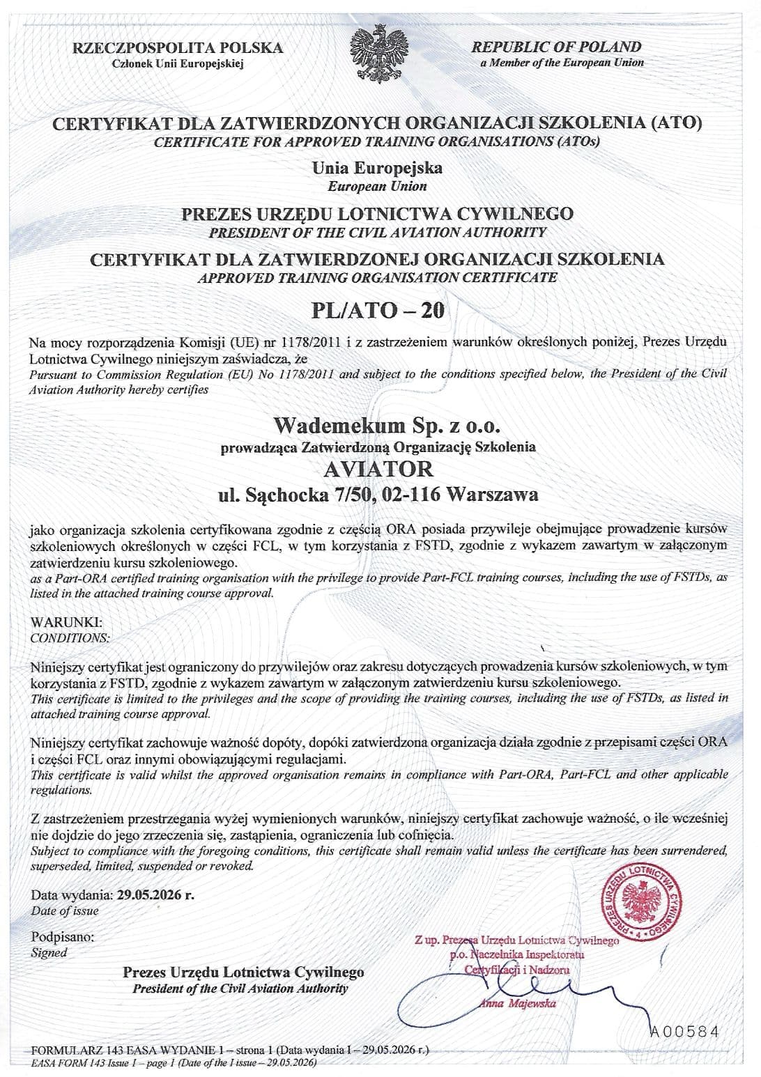 ATO AVIATOR certificate page 1